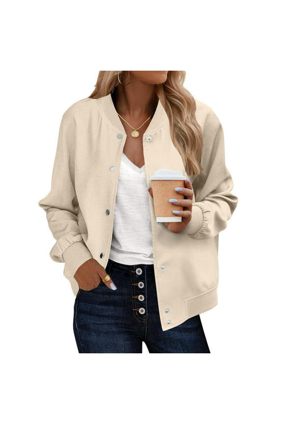 Women's Lightweight Long Sleeve Stand Collar Shacket Coat Jacket with Side Pockets Loose Fit Casual Fall Winter Outerwear | CSEONE,Beige XL