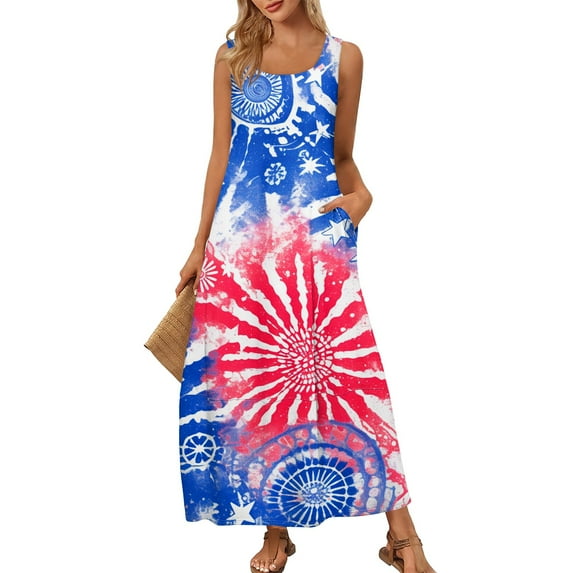 Women's Lightweight Long Sundress Sleeveless Round Neck Design, Patriotic Print for Beach Vacations and Casual Wear,Sky Blue L