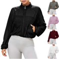 thumbnail image 1 of Women's Lightweight Mesh Long Sleeve Track Jacket Cropped Zip Front Stand Collar Athletic Top with Pockets for Workout Hiking Running, Black, S, 1 of 7