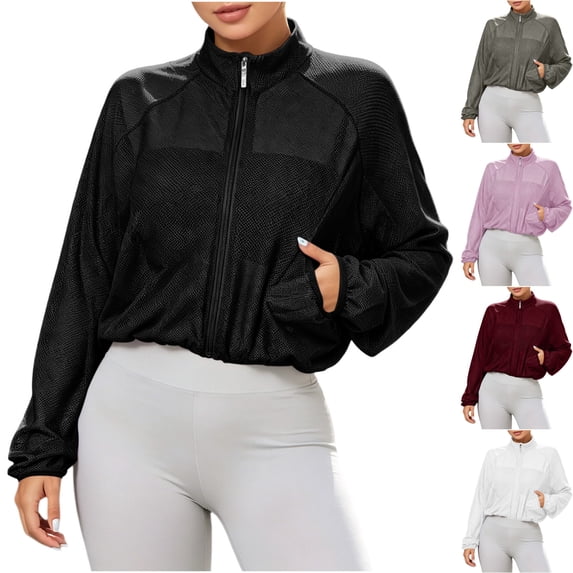 Women's Lightweight Mesh Long Sleeve Track Jacket Cropped Zip Front Stand Collar Athletic Top with Pockets for Workout Hiking Running, Black, S