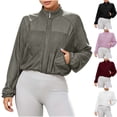 thumbnail image 1 of Women's Lightweight Mesh Long Sleeve Track Jacket Cropped Zip Front Stand Collar Athletic Top with Pockets for Workout Hiking Running, Gray, M, 1 of 8