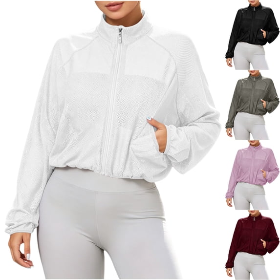 Women's Lightweight Mesh Long Sleeve Track Jacket Cropped Zip Front Stand Collar Athletic Top with Pockets for Workout Hiking Running, White, S