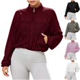 thumbnail image 1 of Women's Lightweight Mesh Long Sleeve Track Jacket Cropped Zip Front Stand Collar Athletic Top with Pockets for Workout Hiking Running, Wine, M, 1 of 8