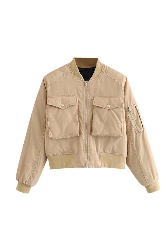 Women's Lightweight Multiple Pockets Zip Up Bomber Jacket Casual Flight Crop Jackets Motorcycle Moto Biker Coat