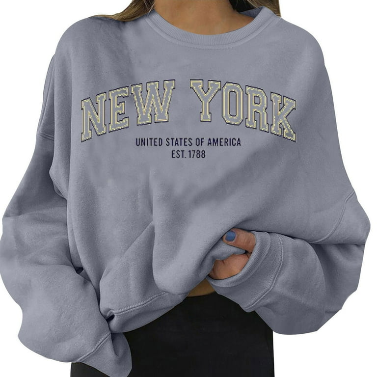 Women s Lightweight New York Sweatshirts for Women Loose Crew Neck Country Hoodies Loose Fitting Crewneck Long Sleeve Solid Color Relaxed Fit Clothes