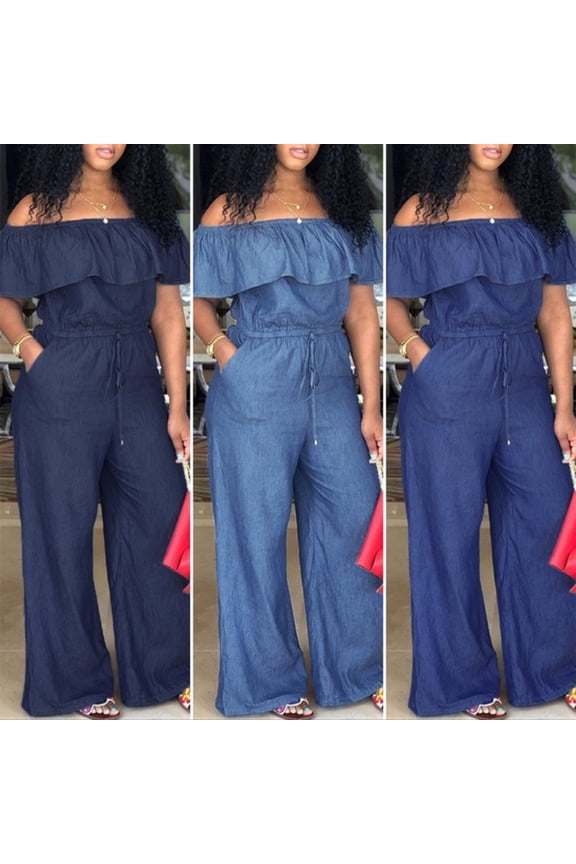 Women's Lightweight Off Shoulder Jumpsuit – Denim Wide Leg Romper – Casual to Formal One Piece Outfit Blue 3XL
