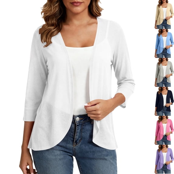 Women's Lightweight Open Front Cardigan 3/4 Sleeve Draped Knit Shrug Curved Hem Casual Layering Tops Swim Cover Up for Fall Daily Wear, White, S