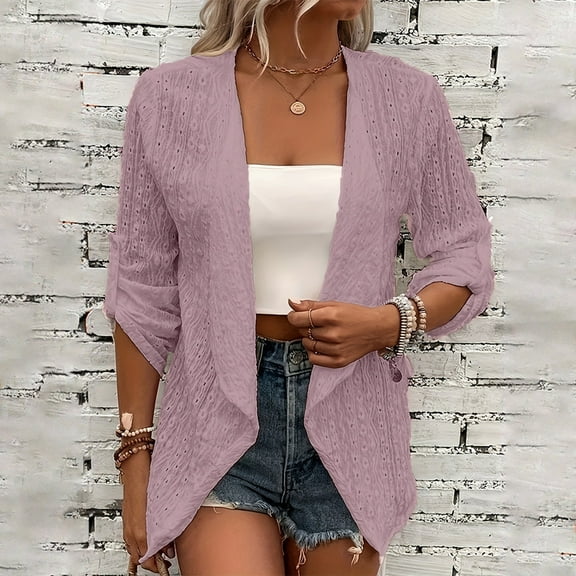 Women's Lightweight Open Front Cardigan Casual 3/4 Sleeve Knit Sweater for Spring and Summer, Pink