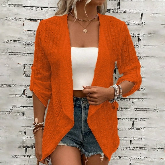 Women's Lightweight Open Front Cardigan Casual 3/4 Sleeve Knit Sweater for Spring and Summer, Pink