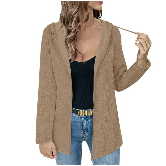 Women's Lightweight Open Front Long Sleeve Cardigan, Button Down Hooded Zip Up Casual Sweater, Fall Winter Loose Fit Knit Cover Up for Daily Wear and Outdoor Activities Coffee L