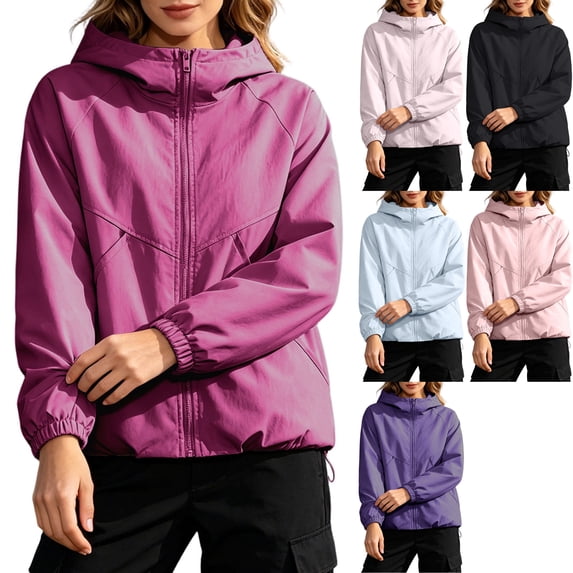 Women's Lightweight Outdoor Windbreaker Full Zip Long Sleeve Hooded Jacket with Pockets for Hiking Travel Camping, Hot Pink, L