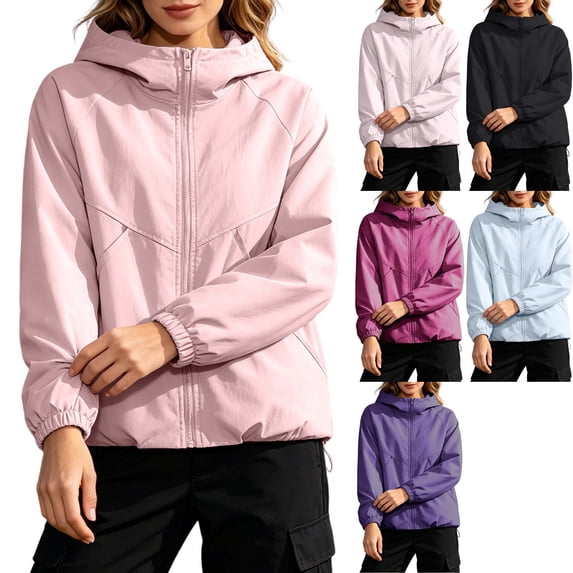 Women's Lightweight Outdoor Windbreaker Full Zip Long Sleeve Hooded Jacket with Pockets for Hiking Travel Camping, Pink, XXL