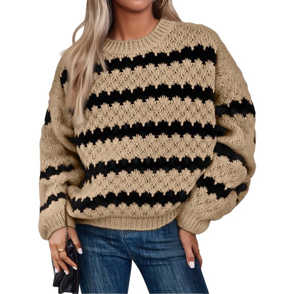 Women's Lightweight Oversized Sweater Crewneck Long Sleeve Warm Knit Pullover (Khaki, S)