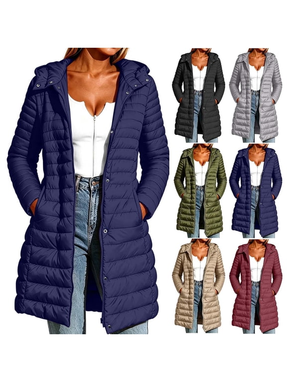 Women's Lightweight Packable Long Puffer Coat Stand Collar Snap Full Zip Hooded Quilted Padded Jacket Fall Winter Casual Outerwear Wine