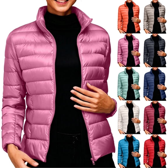 Women's Lightweight Packable Puffer Jacket, Puffer Jacket Quilted Zip Up Coat Solid Color Stand Collar Zip Up Long Sleeve Padded Coat With Pockets for Fall Winter Daily Travel
