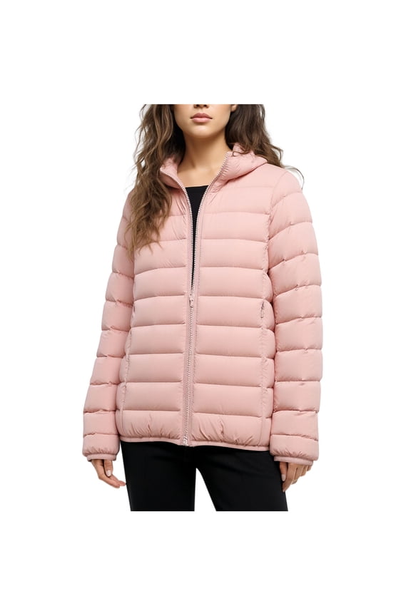 Women's Lightweight Packable Puffer Jacket - Quilted White Duck Down Warm Winter Coat, Hooded Zip Up Stand Collar Outwear with Pockets