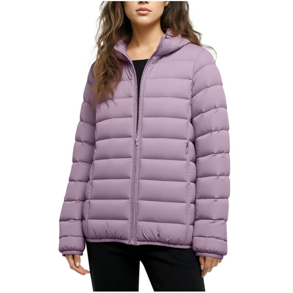 Women's Lightweight Packable Puffer Jacket - Quilted White Duck Down Warm Winter Coat, Hooded Zip Up Stand Collar Outwear with Pockets