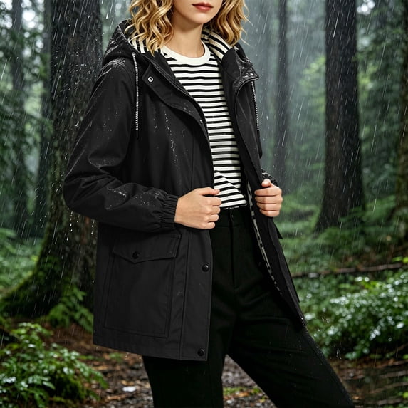 Women’s Lightweight Packable Rain Jacket, Waterproof Windproof Hooded Windbreaker With Pockets For Travel Hiking Cycling Black M