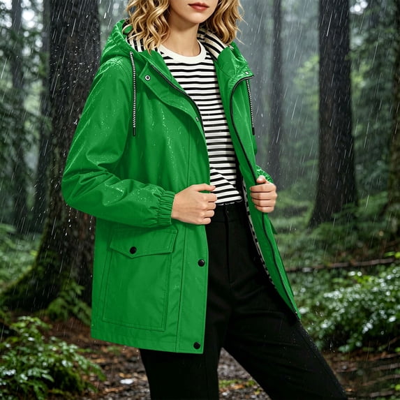 Women’s Lightweight Packable Rain Jacket, Waterproof Windproof Hooded Windbreaker With Pockets For Travel Hiking Cycling Green XXL