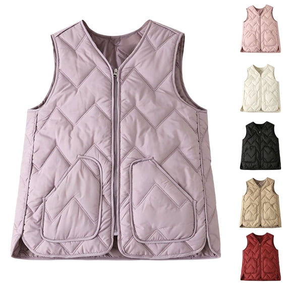 Women's Lightweight Padded Sleeveless Vest Solid Basic Layering Quilted Gilet Loose Fit Fall Winter Casual Warm Waistcoat with Pocket White