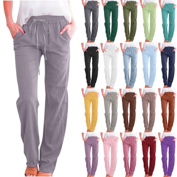 Women's Lightweight Pants Solid Color Drawstring Cotton And Linen Elastic Trousers with Pocket Business Work Casual Pants Gray S-5XL