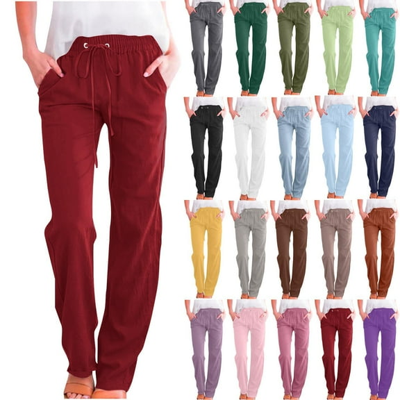 Women's Lightweight Pants Solid Color Drawstring Cotton And Linen Elastic Trousers with Pocket Business Work Casual Pants Red S-5XL