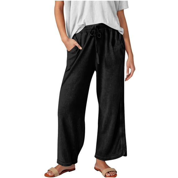 Women's Lightweight Pants Solid Color Wide-Leg Elastic-Waistband Pocket Business Work Casual Pants Black S-2XL