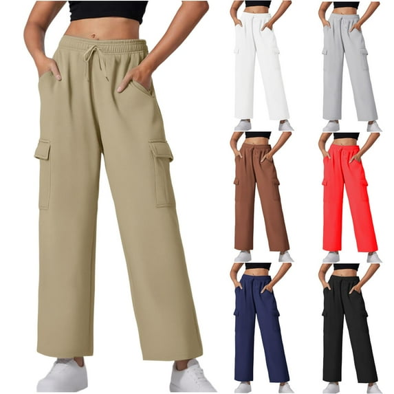Women's Lightweight Pants Solid Color Wide-Leg Elastic-Waistband Pocket Business Work Casual Pants Khaki S-3XL