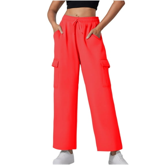 Women's Lightweight Pants Solid Color Wide-Leg Elastic-Waistband Pocket Business Work Casual Pants Red S-3XL
