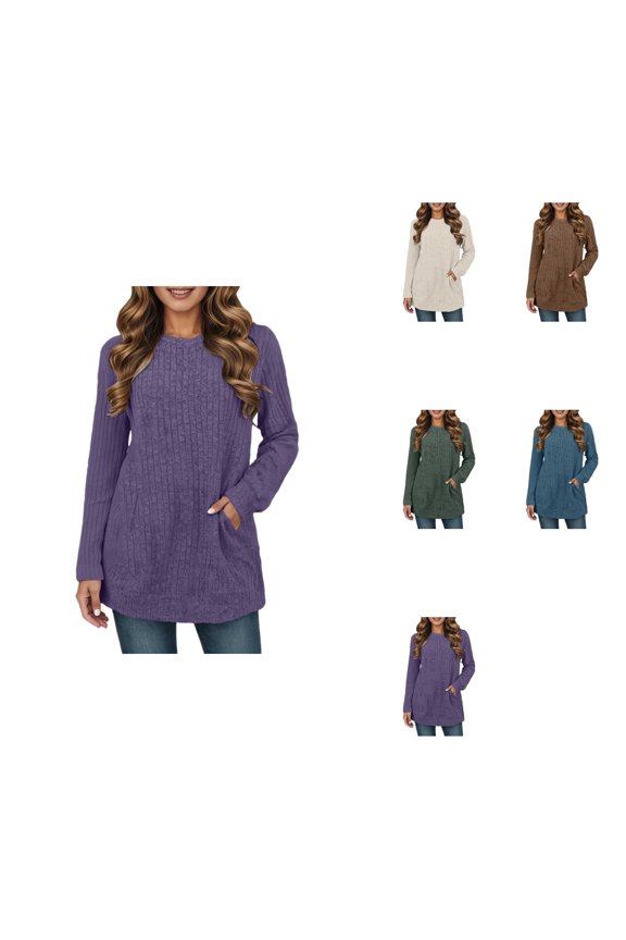 Women's Lightweight Patchwork Crewneck Long Sleeve Sweater with Pockets – Soft Comfy Casual Tunic Top for Autumn