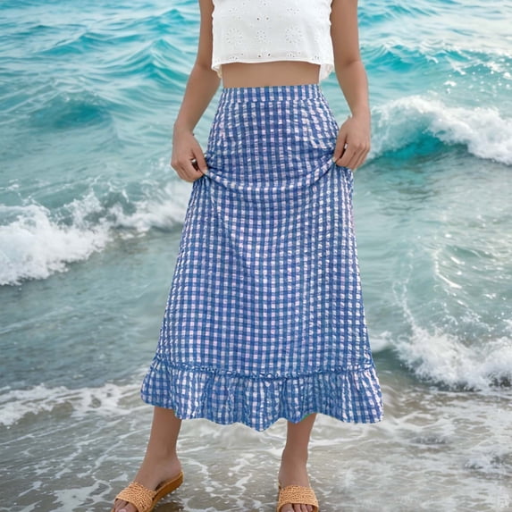 Women's Lightweight Plaid Skirt Elastic High Waist Cute Ruffle Maxi Skirts a Line Flowy Boho Beach Skirt Blue S