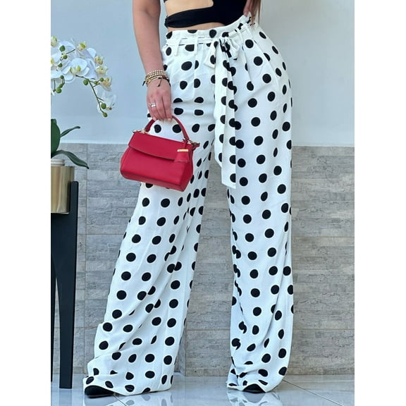 Women’s Lightweight Polka Dot Wide Leg Pants – High Waist Summer Trousers with Tie Belt