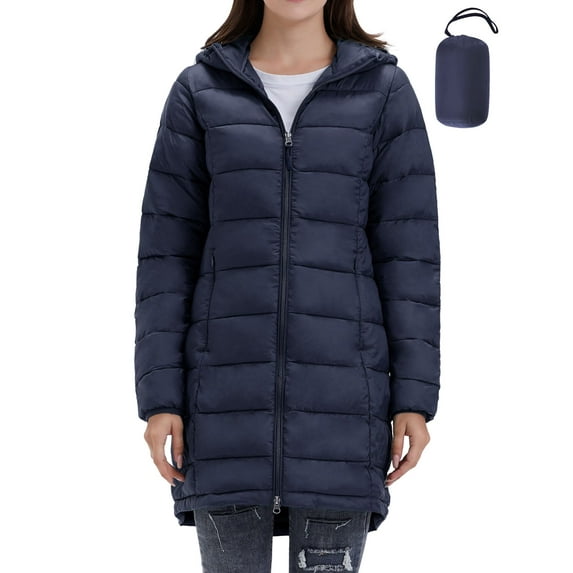Women's Lightweight Puffer Coat Regular and Plus Size Packable Puffer Coat Long Hooded Puffer Jacket (Navy, M)