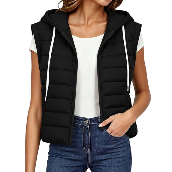 Women's Lightweight Puffer Hooded Vest Zip Up Sleeveless Quilted Padded Gilet Fall Winter Layering Jackets with Pockets for Cold Weather Black