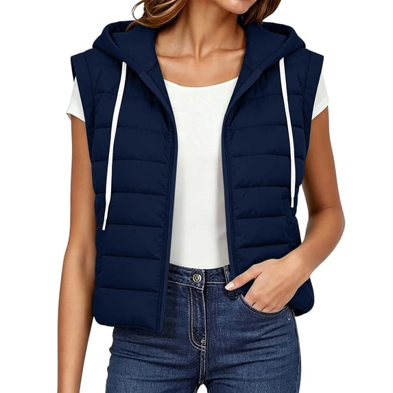 Women's Lightweight Puffer Hooded Vest Zip Up Sleeveless Quilted Padded Gilet Fall Winter Layering Jackets with Pockets for Cold Weather Navy