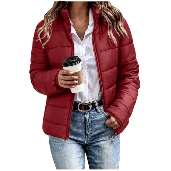 Women's Lightweight Puffer Jacket Full Zip Stand Collar Long Sleeve Padded Coat Windproof Daily Casual Travel Outerwear for Cold Winter Wine