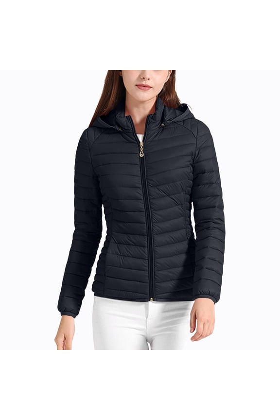 Women's Lightweight Puffer Jacket Short Winter Quilted Down Coat with Detachable Hood Black L