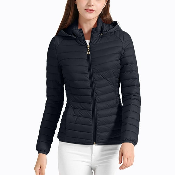 Women's Lightweight Puffer Jacket Short Winter Quilted Down Coat with Detachable Hood Black M