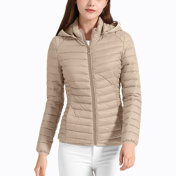 Women's Lightweight Puffer Jacket Short Winter Quilted Down Coat with Detachable Hood Khaki M