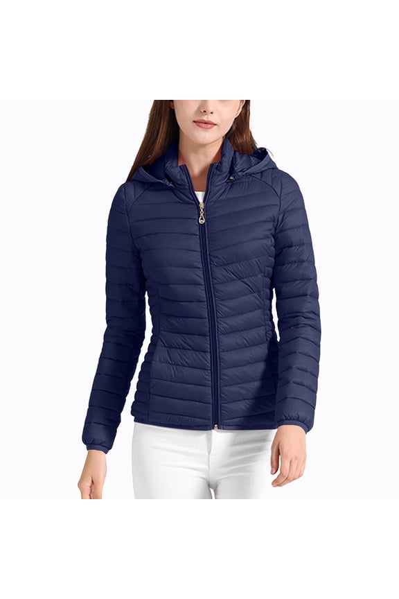 Women's Lightweight Puffer Jacket Short Winter Quilted Down Coat with Detachable Hood Navy M