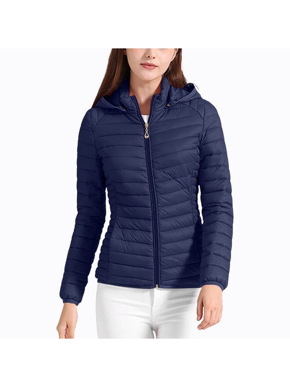 Women's Lightweight Puffer Jacket Short Winter Quilted Down Coat with Detachable Hood Navy S