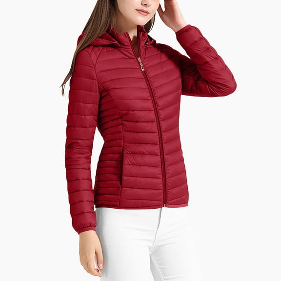 Women's Lightweight Puffer Jacket Short Winter Quilted Down Coat with Detachable Hood Red M