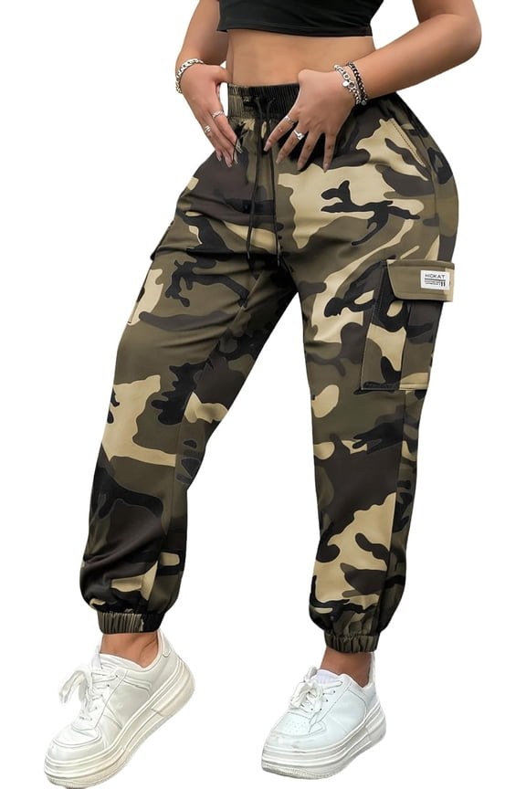 Women’s Lightweight Quick-Dry Camo Cargo Pants - Tapered Leg Elastic Drawstring Waistband Breathable Tactical Pants
