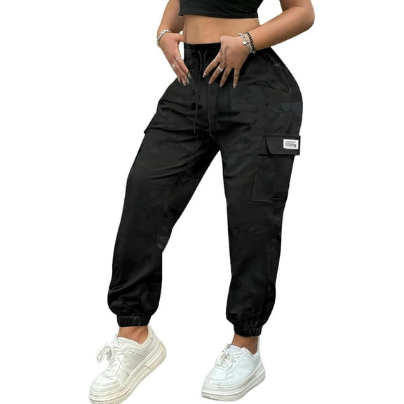 Women’s Lightweight Quick-Dry Camo Cargo Pants - Tapered Leg Elastic Drawstring Waistband Breathable Tactical Pants