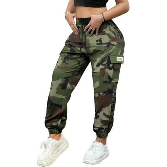 Women’s Lightweight Quick-Dry Camo Cargo Pants - Tapered Leg Elastic Drawstring Waistband Breathable Tactical Pants