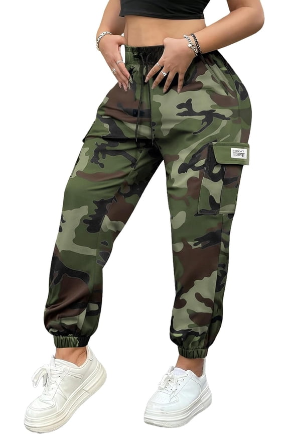 Women’s Lightweight Quick-Dry Camo Cargo Pants - Tapered Leg Elastic Drawstring Waistband Breathable Tactical Pants