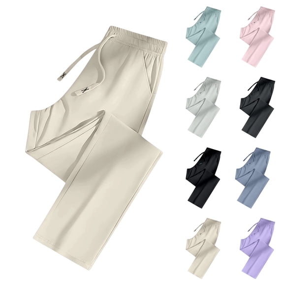 Women's Lightweight Quick Dry Straight Leg Pants 2026 Summer Drawstring Elastic Waist Breathable Casual Office Trousers with Pockets Beige XL