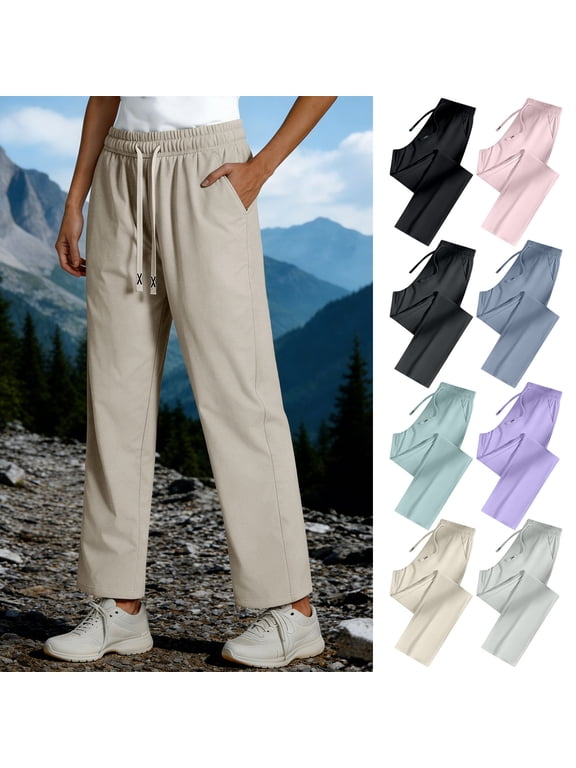Women's Lightweight Quick-Dry Straight Leg Pants, Mid Waist Loose Fit, Breathable Fast-Drying Fabric, Casual Travel Hiking Outdoor Wear, Soft Polyamide Long | TruHer,Black 2XL