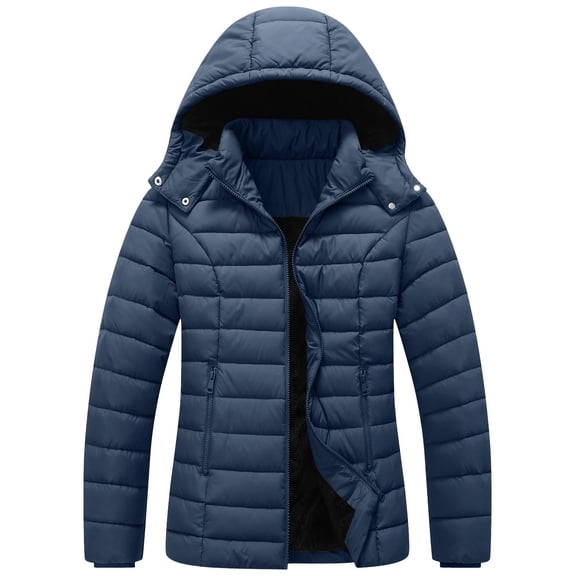 Women's Lightweight Quilted Coat Waterproof Thicken Fleece Lined with Detachable Hood Winter Warm Padded Outwear Jacket Zip Pockets Navy XXL