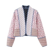 Womens Lightweight Quilted Jacket Floral Printed Short Coat Cardigan Cropped Padded Jacket, Reversible Cotton